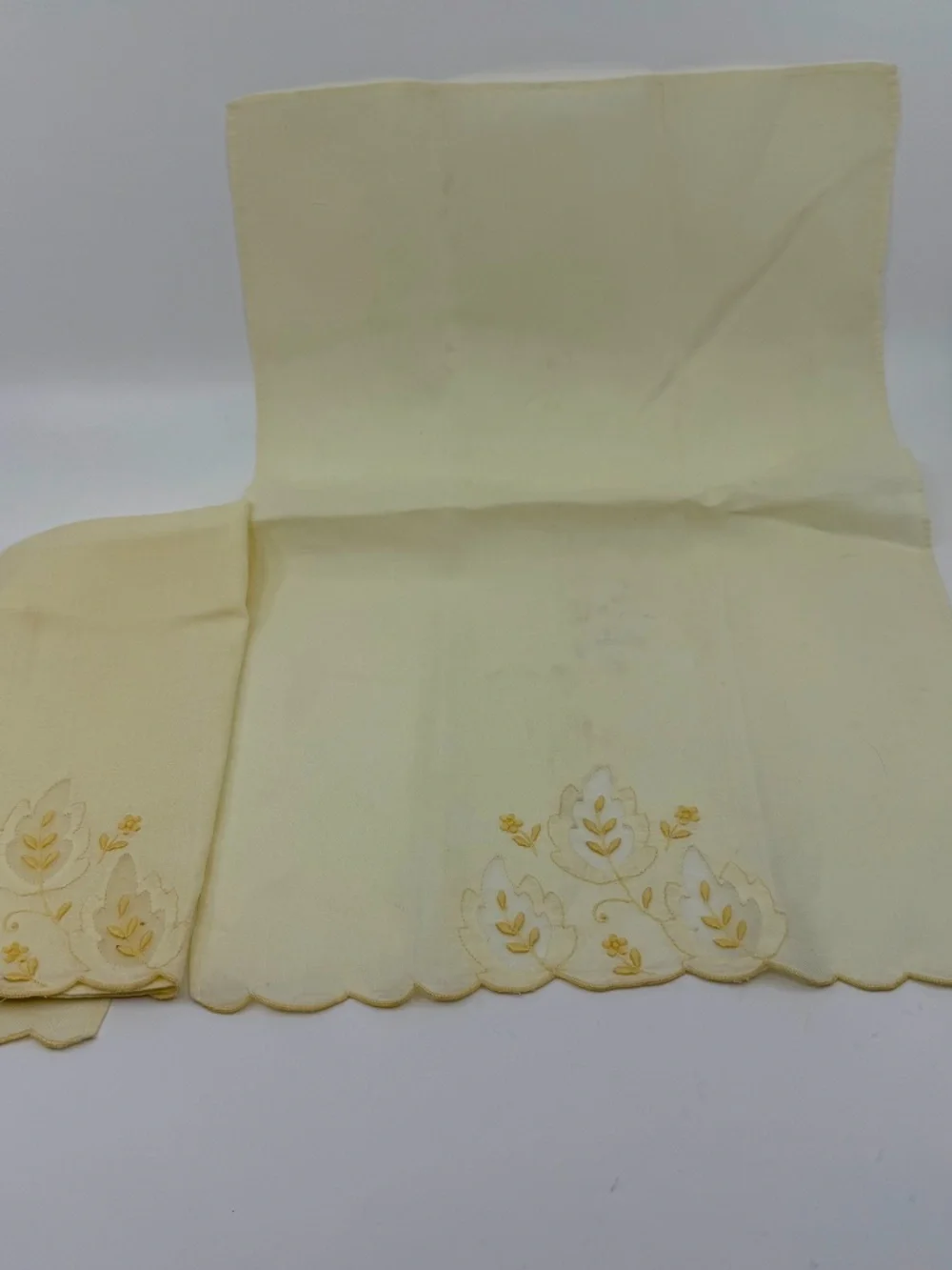 Pair Vintage Embroidered Pale Yellow Madeira Linen & Organza Fingertip Towels